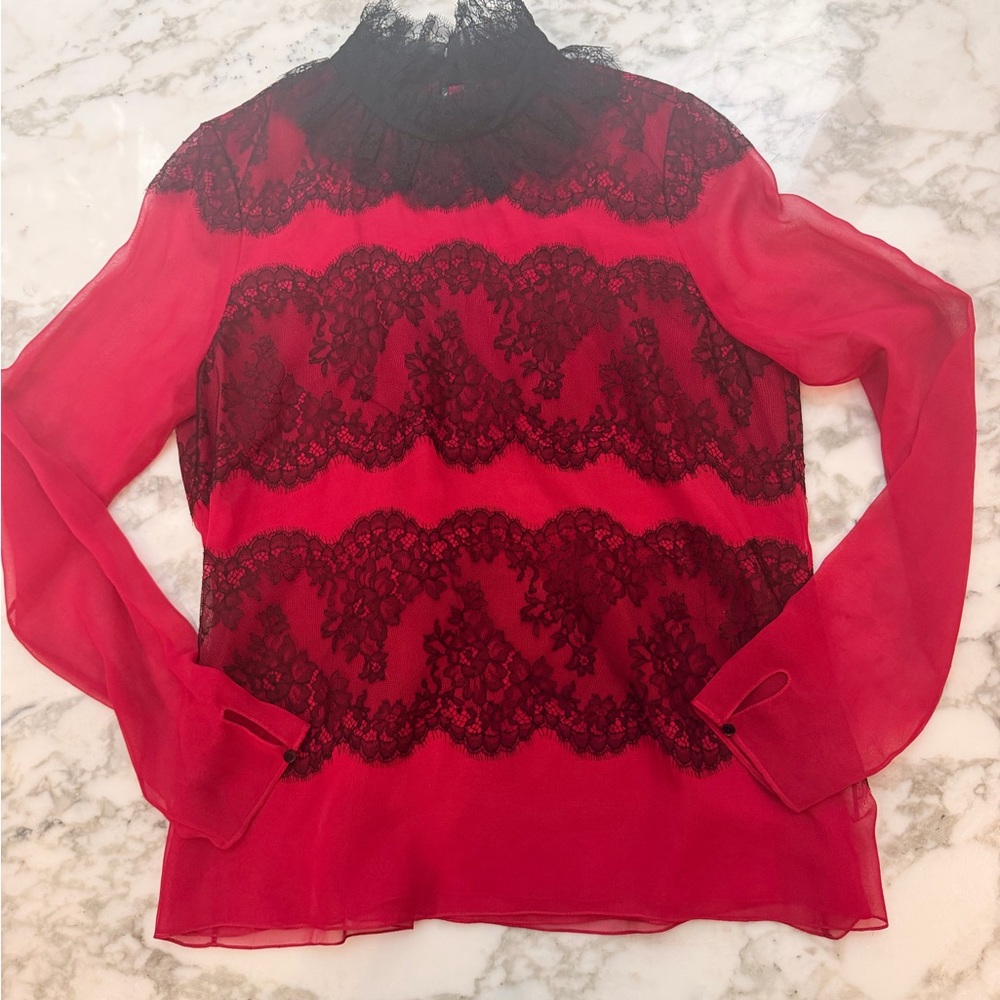 Jason Wi Fuchsia and Black Lace Silk Women's Blouse
